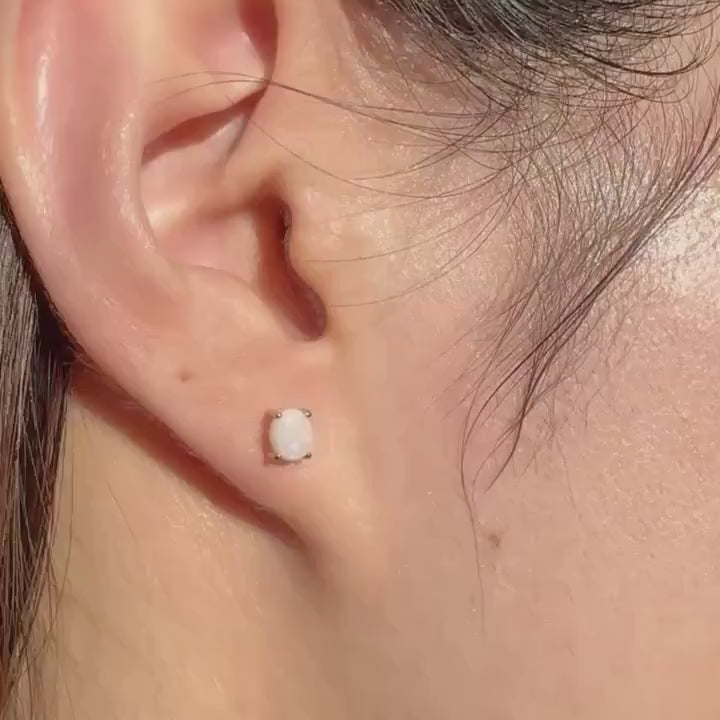 Genuine Opal Oval Cut Solitaire Stud Earrings in 14k Solid Gold