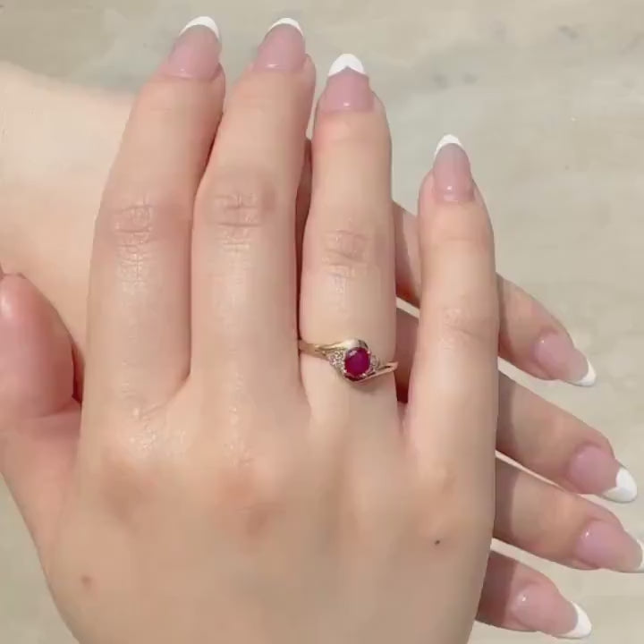 14k Solid Gold Oval Ruby Diamond Cluster Swirl Ring, July Birthstone, Handcrafted Jewelry