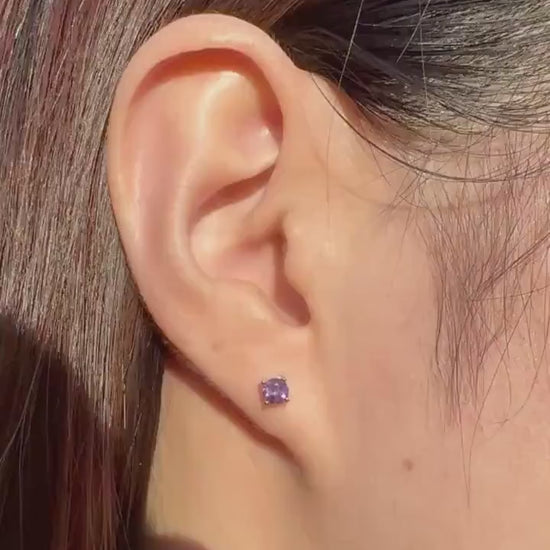 14k White Gold Amethyst Stud Earrings, 4mm Round Solitaire, February Birthstone