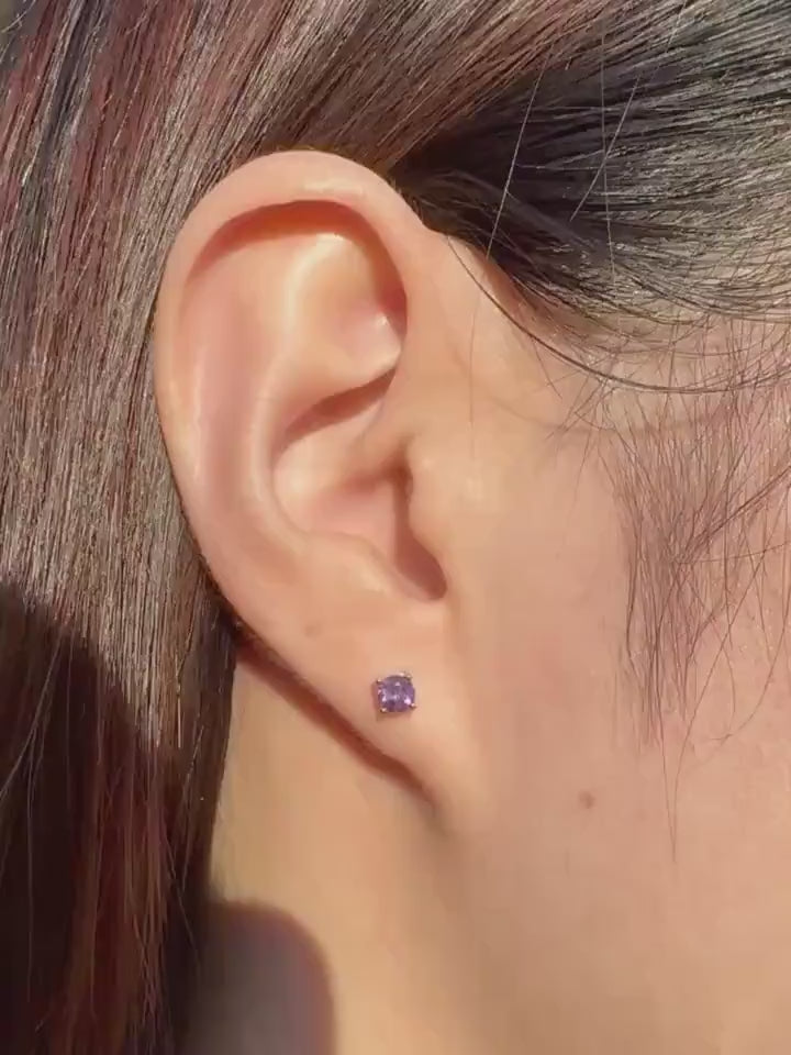 14k White Gold Amethyst Stud Earrings, 4mm Round Solitaire, February Birthstone
