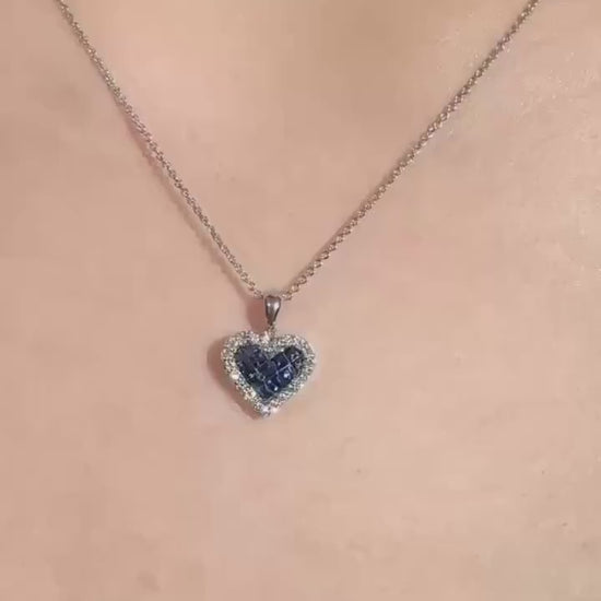 18k White Gold Sapphire Diamond Heart Pendant, September Birthstone Jewelry