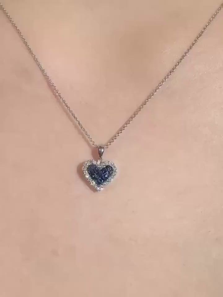 18k White Gold Sapphire Diamond Heart Pendant, September Birthstone Jewelry