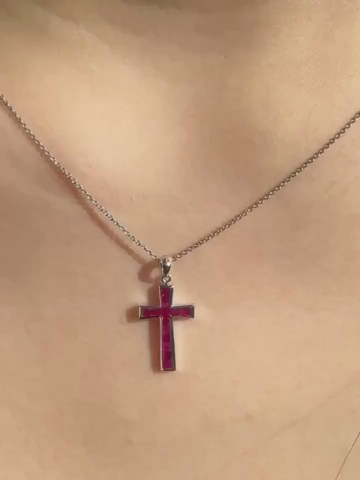 Genuine Ruby Tapered Cross Pendant | 18k Solid Gold