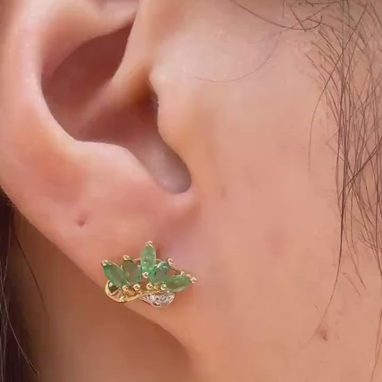 Genuine Emerald and Diamond Marquise Lotus Stud Earrings, 14k Solid Gold, May Birthstone Gift