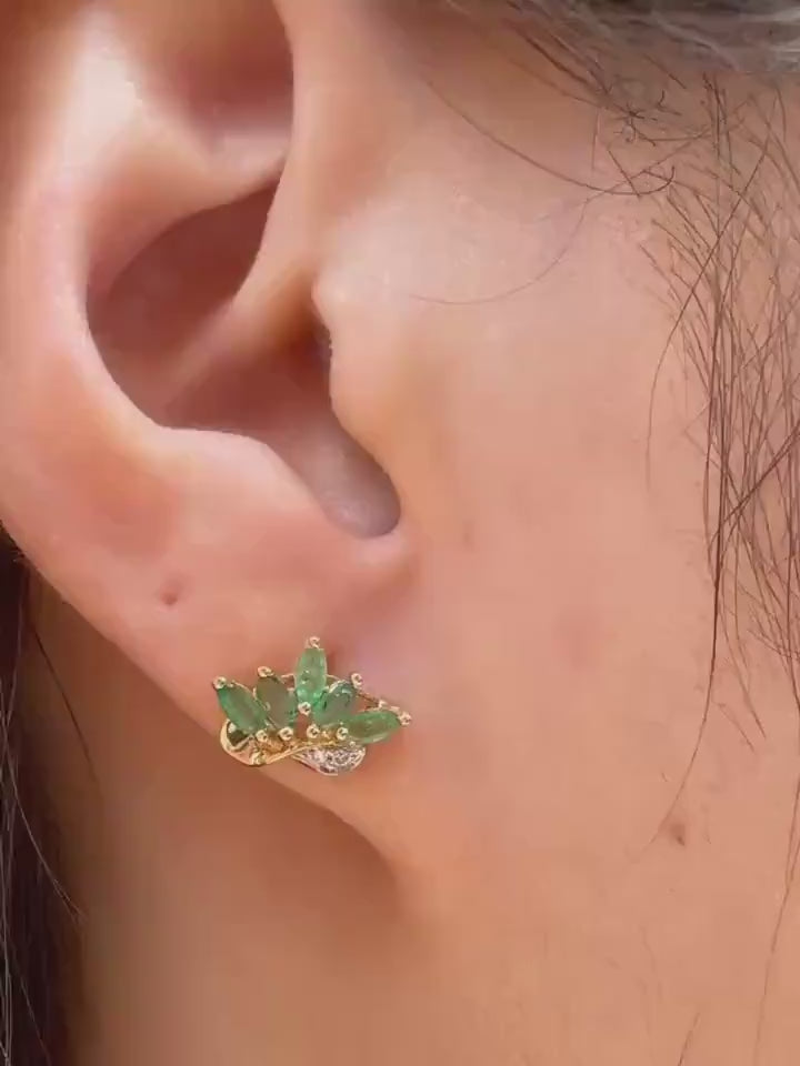 Genuine Emerald and Diamond Marquise Lotus Stud Earrings, 14k Solid Gold, May Birthstone Gift