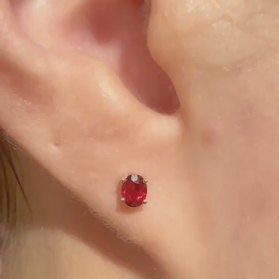 Genuine Garnet Oval Cut Mini Stud Earrings, 14k Solid Gold, January Birthstone Gift