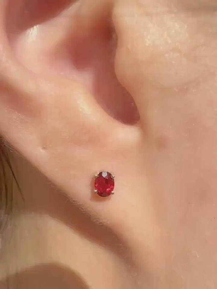 Genuine Garnet Oval Cut Mini Stud Earrings, 14k Solid Gold, January Birthstone Gift