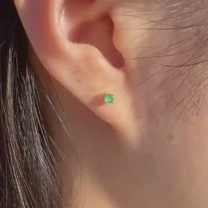 Genuine Emerald 3 mm Round Cut Solitaire Stud Earrings in 14k Solid Gold