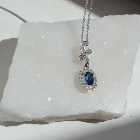 Genuine 6mm Oval Sapphire and Diamond Branch Pendant in 14k Solid Gold