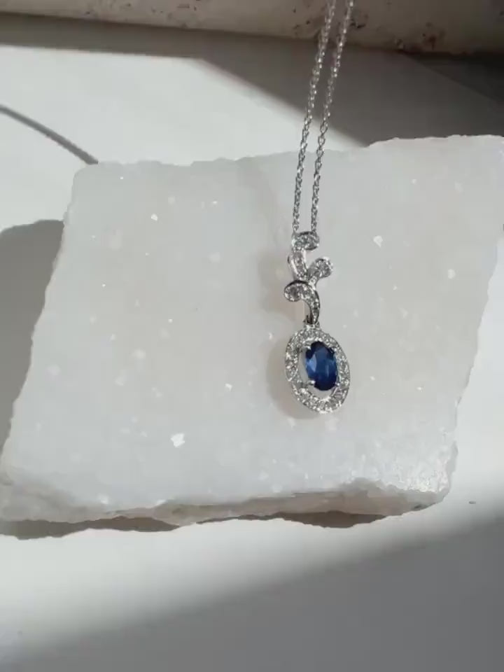 Genuine 6mm Oval Sapphire and Diamond Branch Pendant in 14k Solid Gold