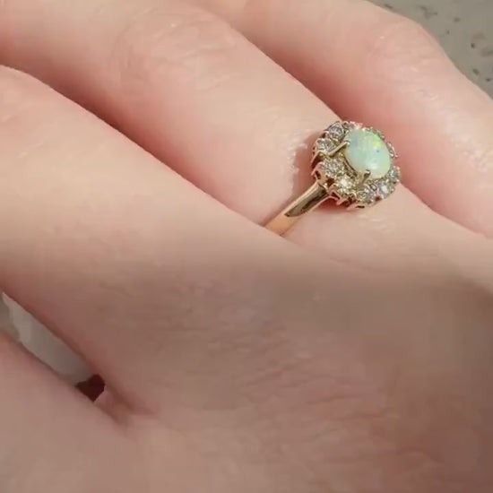 Oval Opal Diamond Halo Ring, 14k Solid Yellow Gold, October Birthstone, Opal Engagement Ring