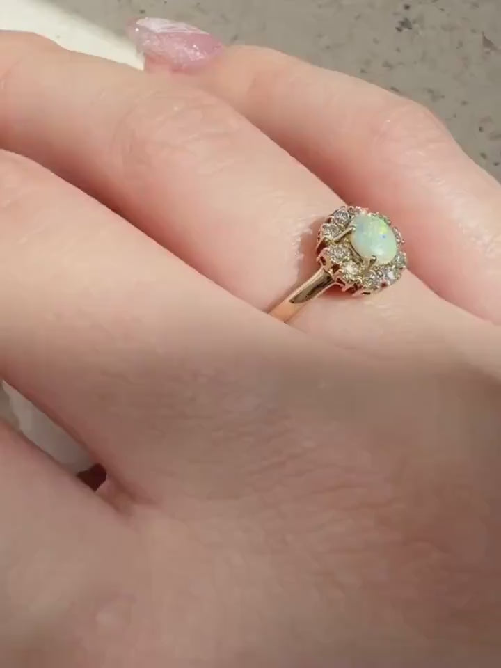 Oval Opal Diamond Halo Ring, 14k Solid Yellow Gold, October Birthstone, Opal Engagement Ring