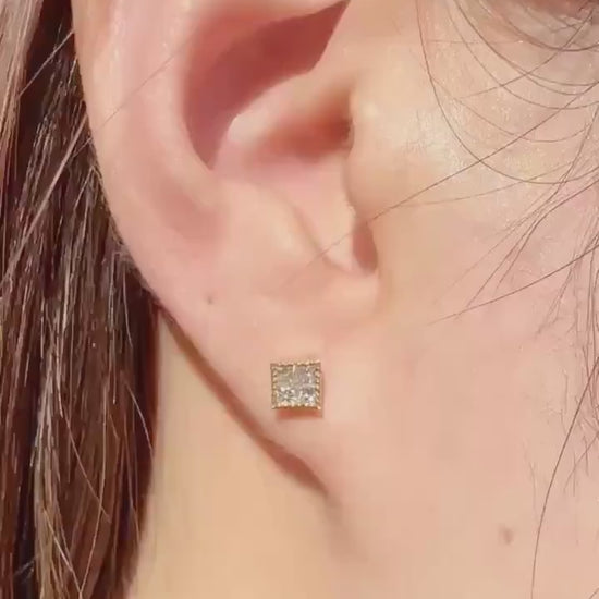 Genuine Diamond Square Bezel Stud Earrings in 18k Solid Gold
