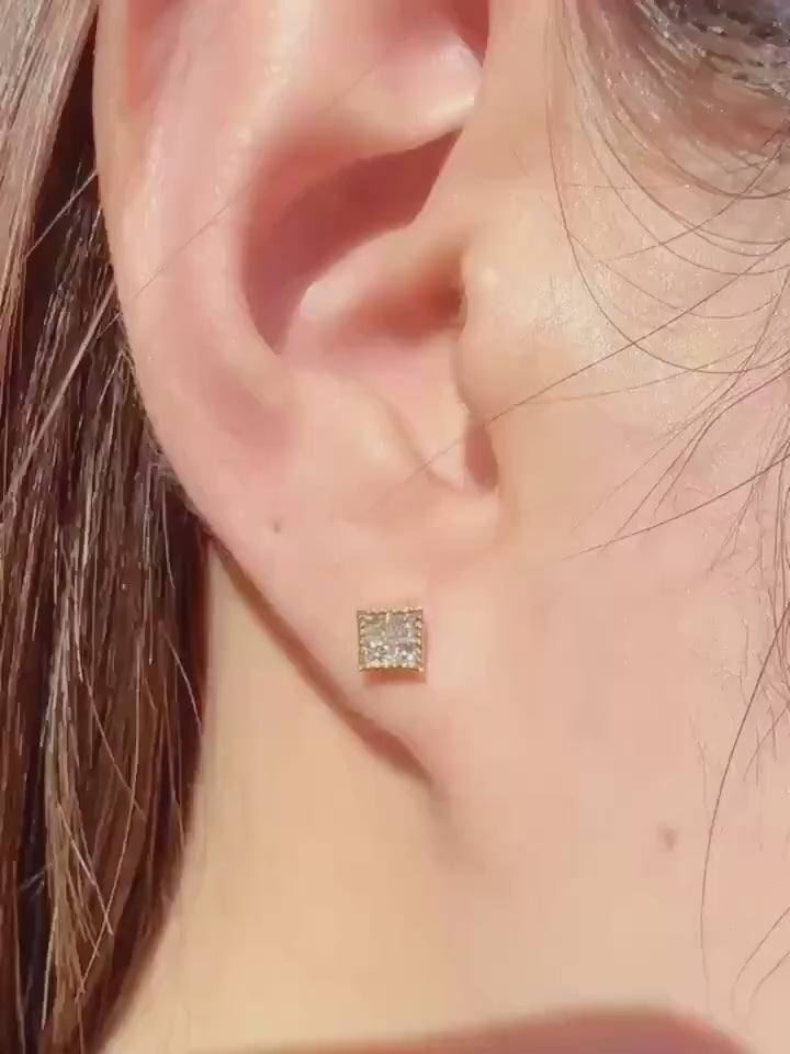 Genuine Diamond Square Bezel Stud Earrings in 18k Solid Gold
