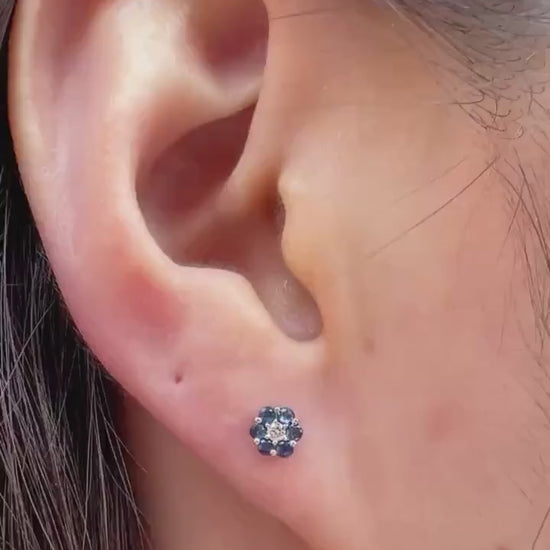 Genuine Sapphire and Diamond Flower Stud Earrings in 14k Solid Gold
