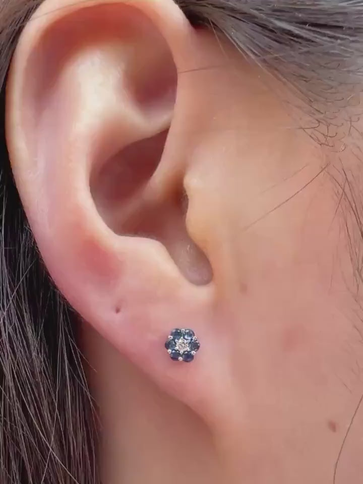 Genuine Sapphire and Diamond Flower Stud Earrings in 14k Solid Gold