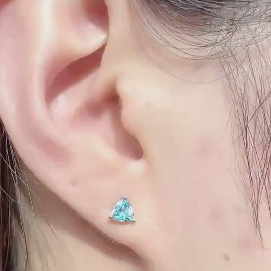 Genuine Blue Topaz Trillion Cut Stud Earrings, 14k Solid Gold, December Birthstone