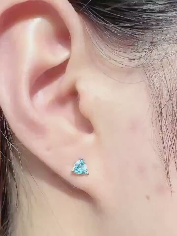 Genuine Blue Topaz Trillion Cut Stud Earrings, 14k Solid Gold, December Birthstone