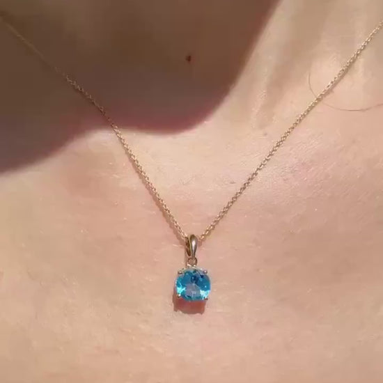 Genuine Blue Topaz Solitaire Round Cut Pendant, 7mm, 14k Solid Gold, December Birthstone
