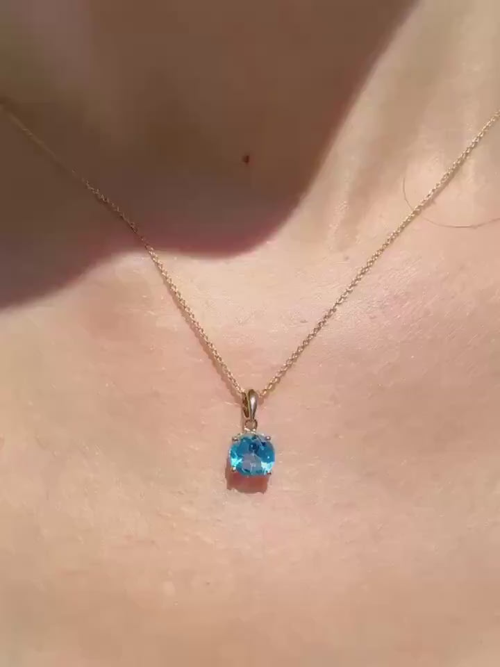 Genuine Blue Topaz Solitaire Round Cut Pendant, 7mm, 14k Solid Gold, December Birthstone