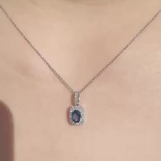 Genuine Sapphire and Diamond Halo Oval Cut Pendant, 18k Solid Gold, September Birthstone, Gift for Her