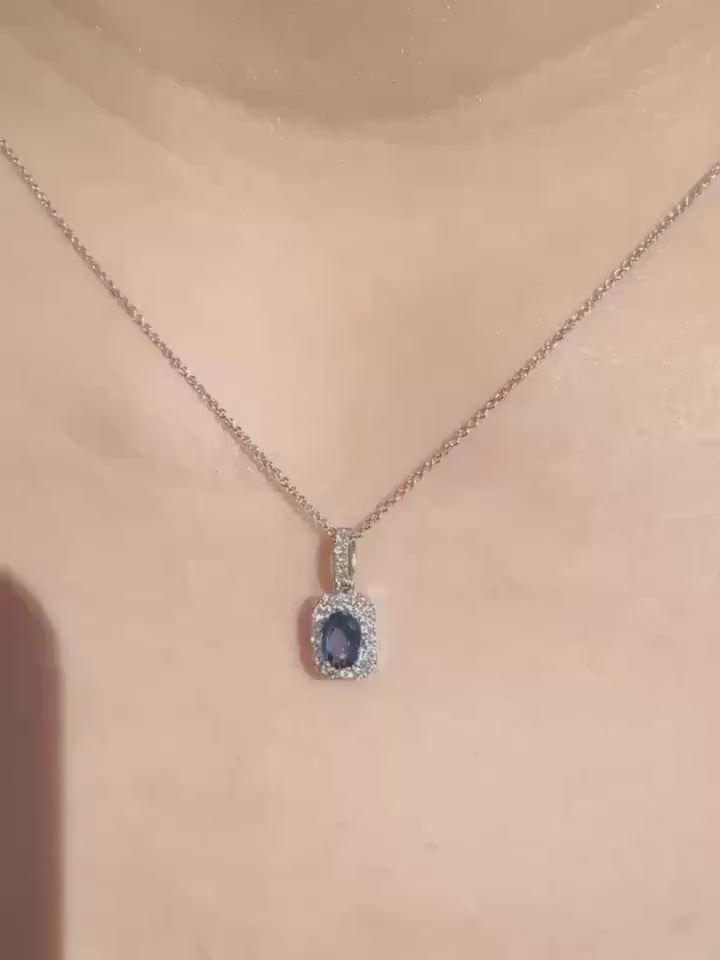 Genuine Sapphire and Diamond Halo Oval Cut Pendant, 18k Solid Gold, September Birthstone, Gift for Her