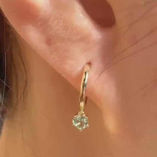 Genuine Green Sapphire Mini Heart Dangle Hoops / 14k Solid Gold
