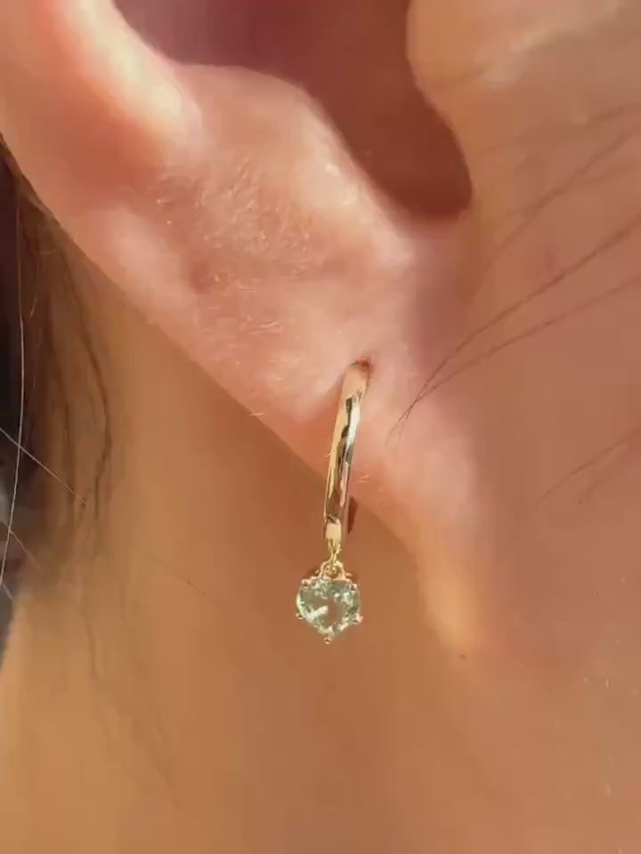 Genuine Green Sapphire Mini Heart Dangle Hoops / 14k Solid Gold