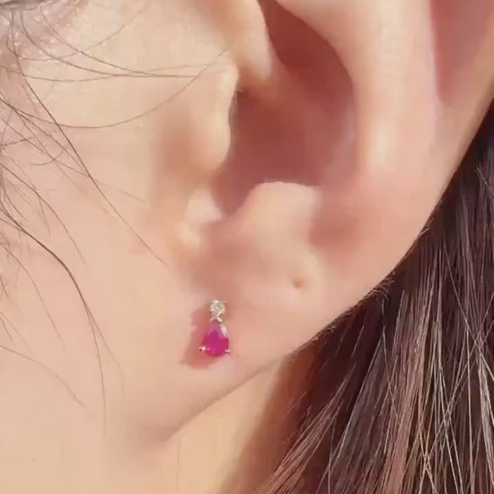 14k Solid Gold Ruby Diamond Teardrop Stud Earrings, July Birthstone Gift