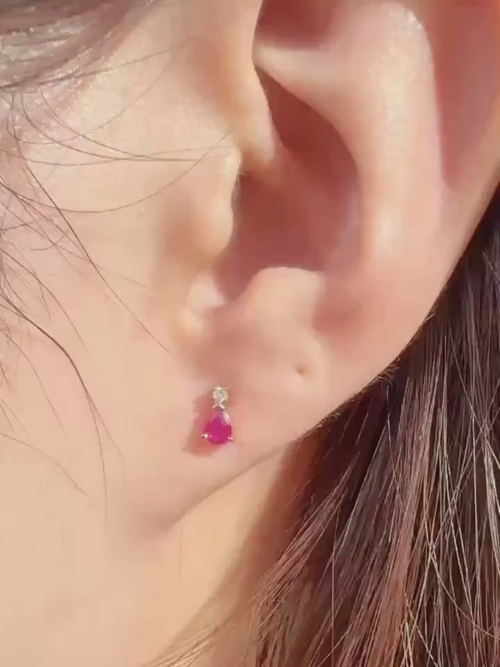 14k Solid Gold Ruby Diamond Teardrop Stud Earrings, July Birthstone Gift