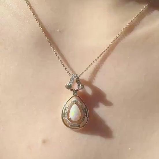 Genuine Teardrop Opal and Diamond Pendant in 18k Solid Yellow Gold