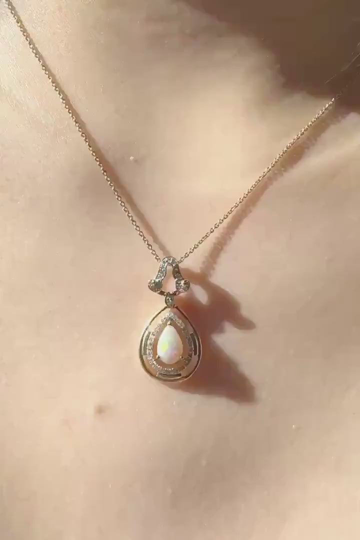 Genuine Teardrop Opal and Diamond Pendant in 18k Solid Yellow Gold