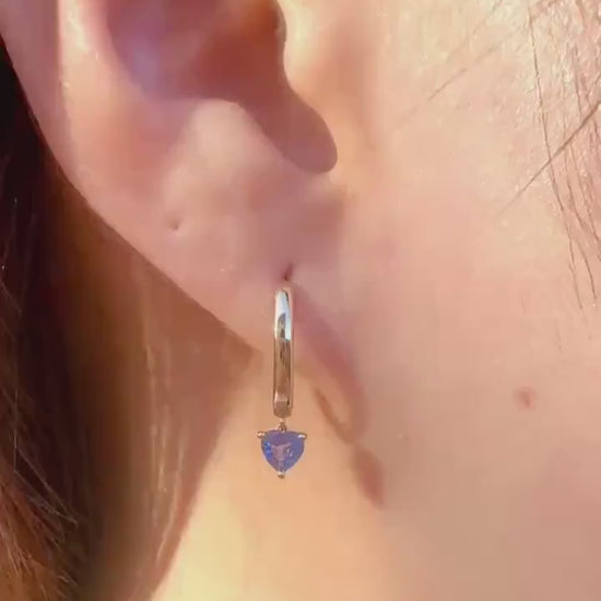 14k Solid Gold Ceylon Sapphire Heart Dangle Hoop Earrings, September Birthstone Gift