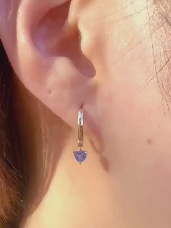 14k Solid Gold Ceylon Sapphire Heart Dangle Hoop Earrings, September Birthstone Gift