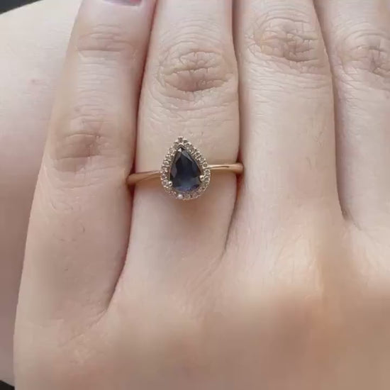 14k Solid Yellow Gold Sapphire Diamond Halo Ring, Pear Cut September Birthstone