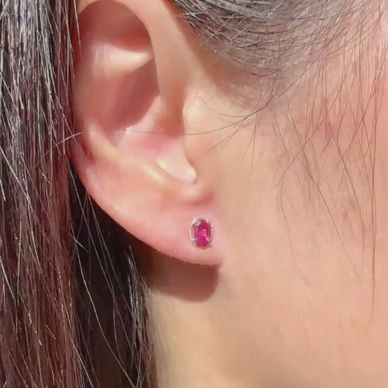 Genuine Oval Cut Ruby Halo Stud Earrings, 14k Solid White Gold, July Birthstone