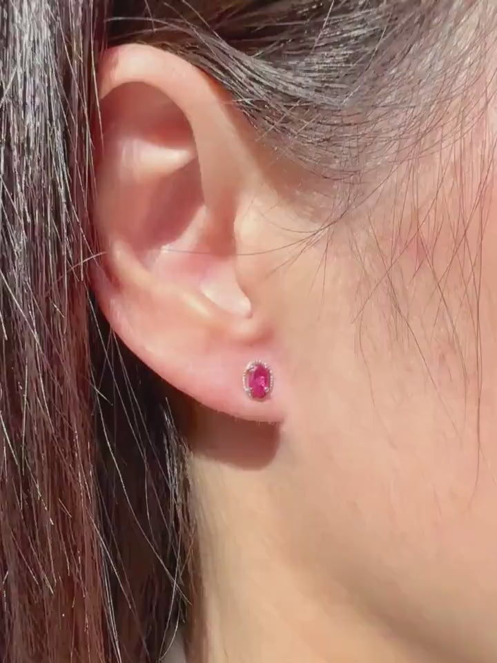 Genuine Oval Cut Ruby Halo Stud Earrings, 14k Solid White Gold, July Birthstone