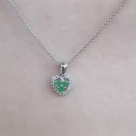 Genuine Emerald and Diamond Heart Halo Pendant, 14k Solid Gold, May Birthstone, Gift for Her