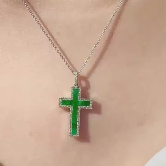 Genuine Emerald and Diamond Halo Cross Pendant, 14k Solid White Gold, May Birthstone, Gift for Her