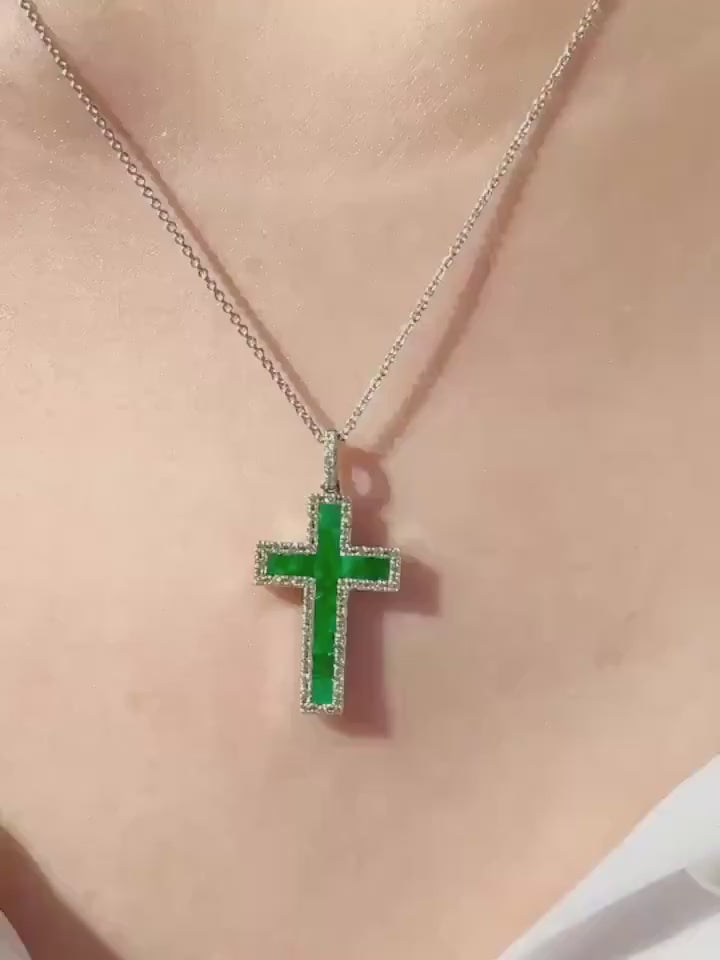 Genuine Emerald and Diamond Halo Cross Pendant, 14k Solid White Gold, May Birthstone, Gift for Her