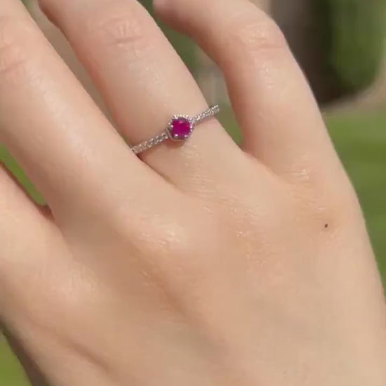 14k Solid White Gold Ruby Diamond Halo Ring, July Birthstone Gift