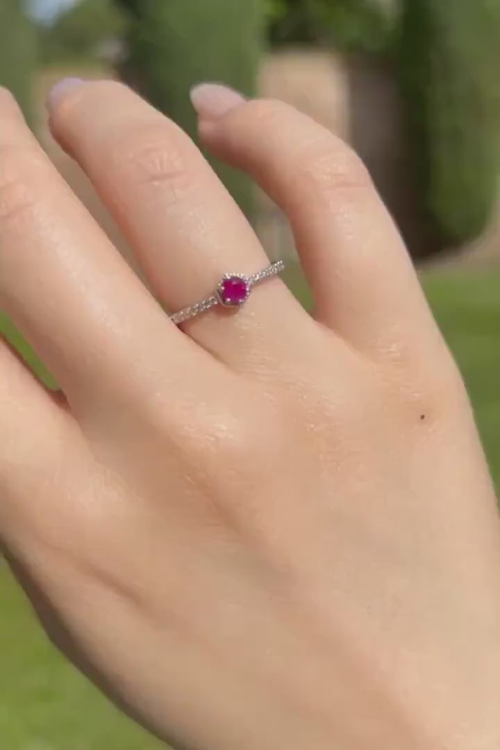 14k Solid White Gold Ruby Diamond Halo Ring, July Birthstone Gift