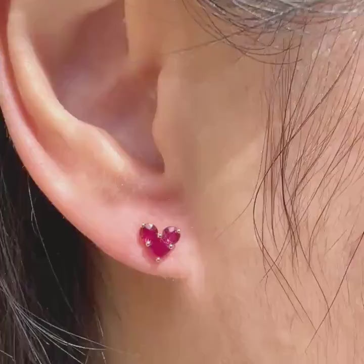 Genuine Ruby Round Cut Heart Earrings in 14k Solid Gold