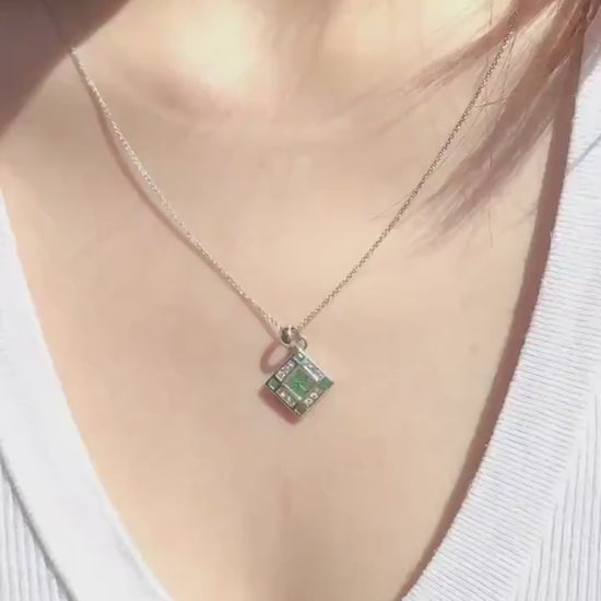 14k Solid Gold Emerald Diamond Cathedral Window Pendant, May Birthstone Jewelry