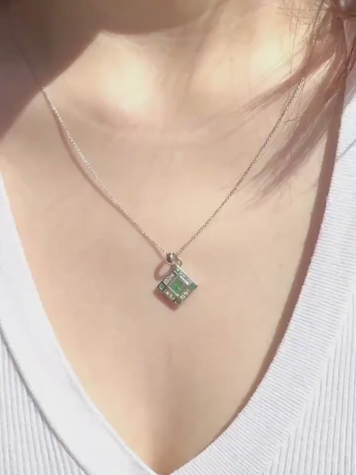 14k Solid Gold Emerald Diamond Cathedral Window Pendant, May Birthstone Jewelry