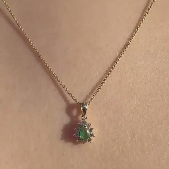 Genuine Emerald and Diamond Pear Cut Flower Pendant | 14k Solid Gold