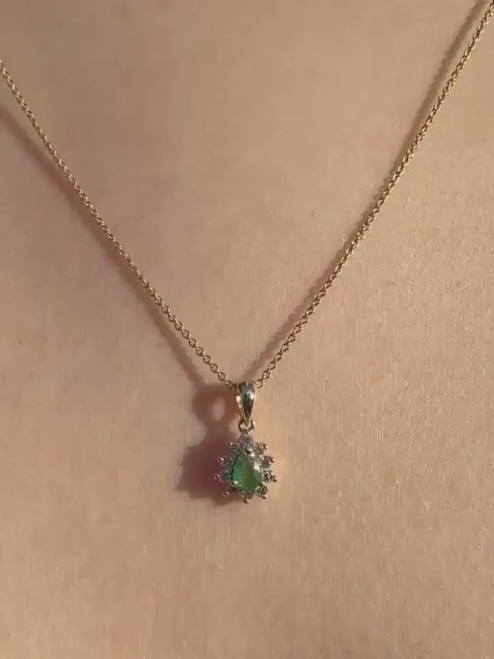Genuine Emerald and Diamond Pear Cut Flower Pendant | 14k Solid Gold