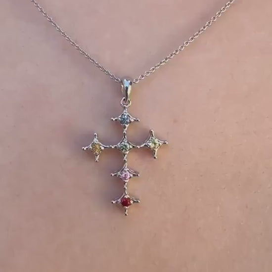 Genuine Rainbow Sapphire Cross Pendant, 18k Solid Gold, September Birthstone, Gift for Her