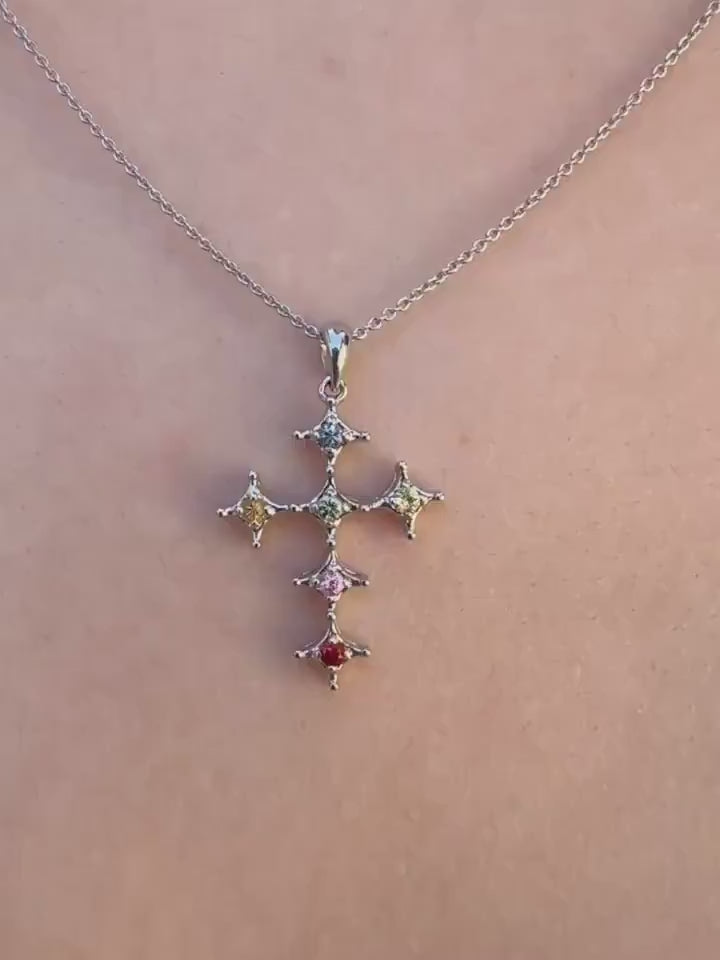 Genuine Rainbow Sapphire Cross Pendant, 18k Solid Gold, September Birthstone, Gift for Her