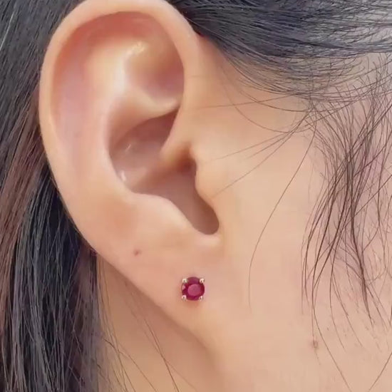 Genuine Ruby Solitaire Stud Earrings, 4mm Round Cut, 14k Yellow Gold, July Birthstone Gift